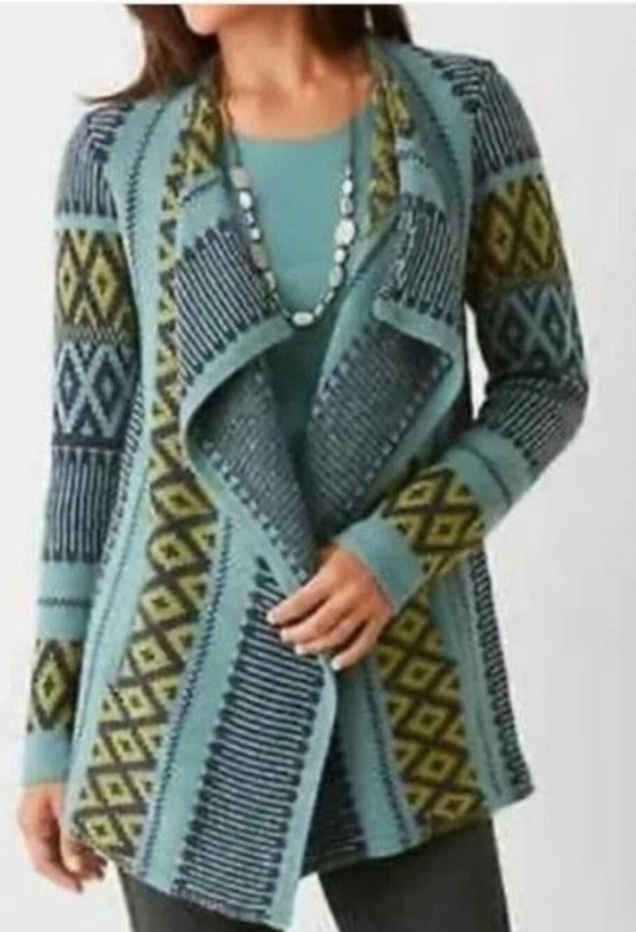 J. Jill Open Front Waterfall Wool Cardigan Southwestern Aztec Design M Petite